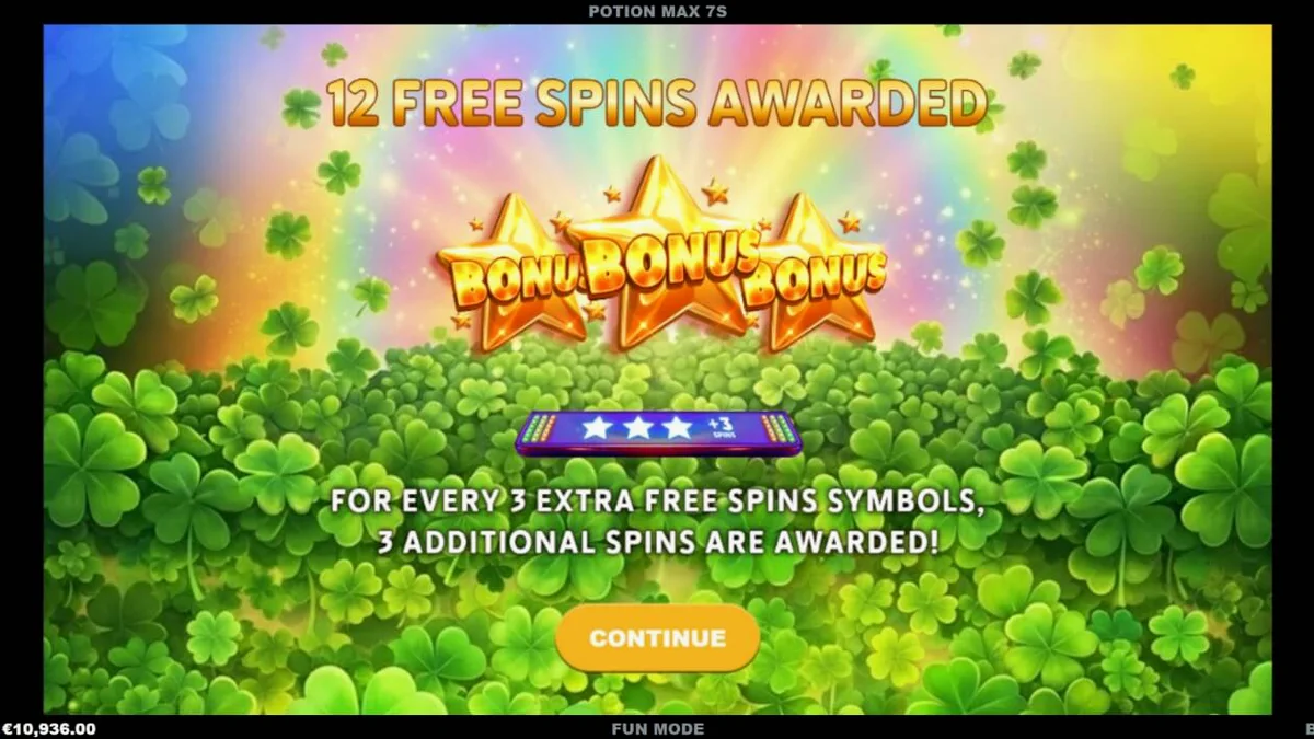 Interface do jogo Potion Max 7s com símbolos clássicos e temática irlandesa